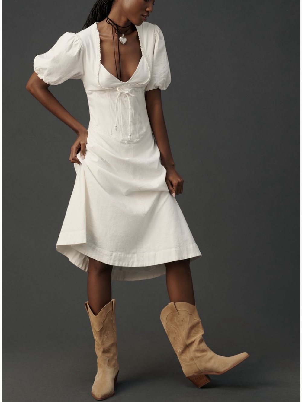 Anthropologie Cream Midi Dress with Puff Sleeves